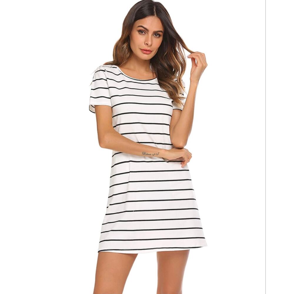Feiger Striped T Shirt Dress Medium White Black Casual A Line Stretch